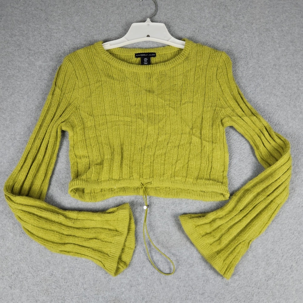 Sincerely Jules Cropped Sweater Womens Small Green Ribbed Knitted Bell Sleeve
